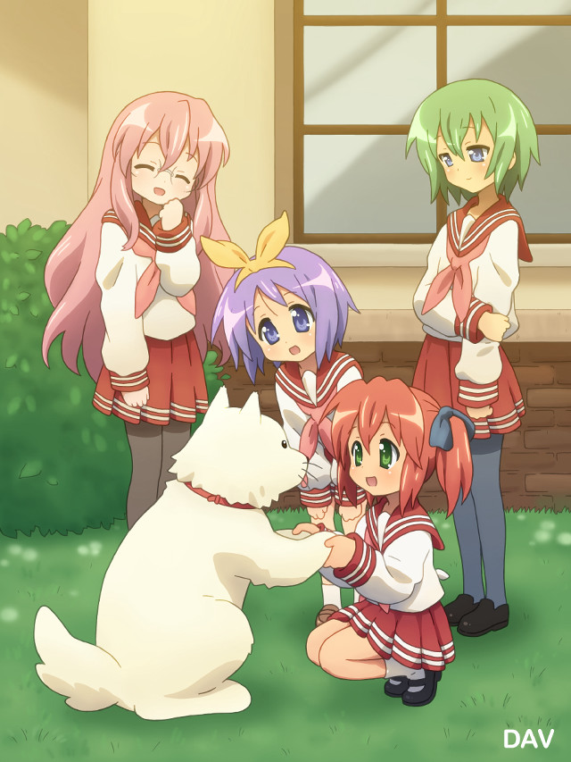 Anime girls petting dog yard free wallpaper for mobile - medium preview image