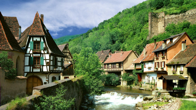 River village mountains trees clouds free wallpaper for desktop - medium preview image