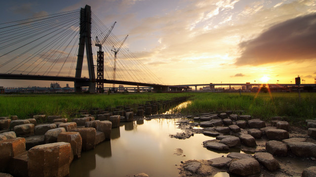 Bridge river sunset rocks cityscape #2 free wallpaper for desktop - medium preview image