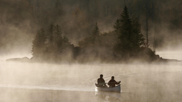 Canoe fog lake trees sky free wallpaper for desktop - medium preview image