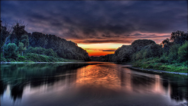 Sunset river trees cloudy sky free wallpaper for desktop - medium preview image