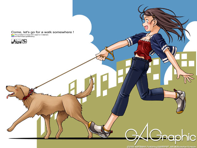 Woman running dog cityscape aya free wallpaper for desktop - medium preview image
