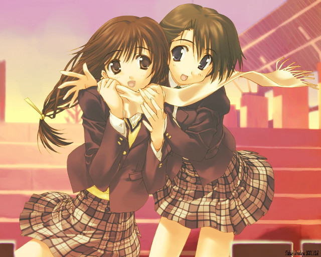 Two girls hug school uniform free wallpaper for desktop - medium preview image