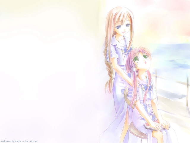 Anime girls ocean bench rainbow free wallpaper for desktop - medium preview image