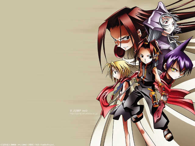 Anime characters group beige background free wallpaper for desktop - medium preview image