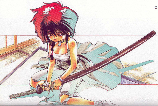 Red haired sword woman kneeling free wallpaper for desktop - medium preview image