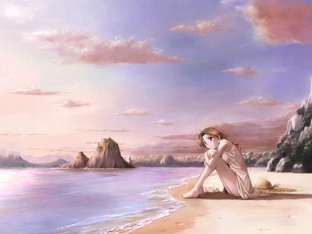 Beach woman mountain water sunset free wallpaper for desktop - medium preview image