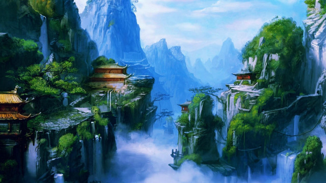 Mountain waterfall pagoda landscape painting free wallpaper for desktop - medium preview image