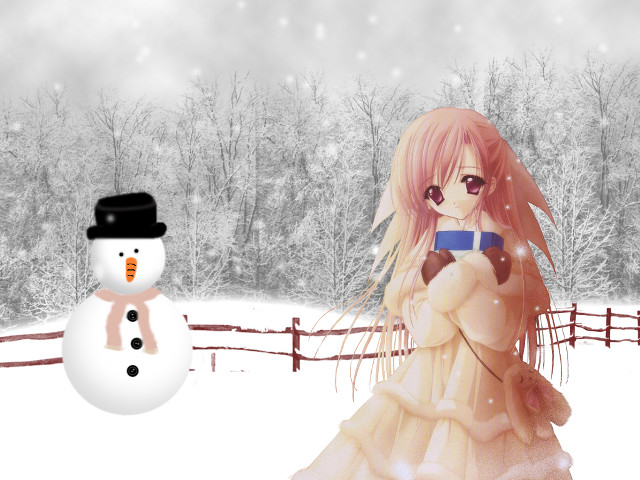 Snowman girl winter scene fence free wallpaper for desktop - medium preview image