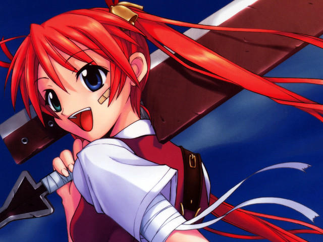 Red hair sword bandaids blue free wallpaper for desktop - medium preview image