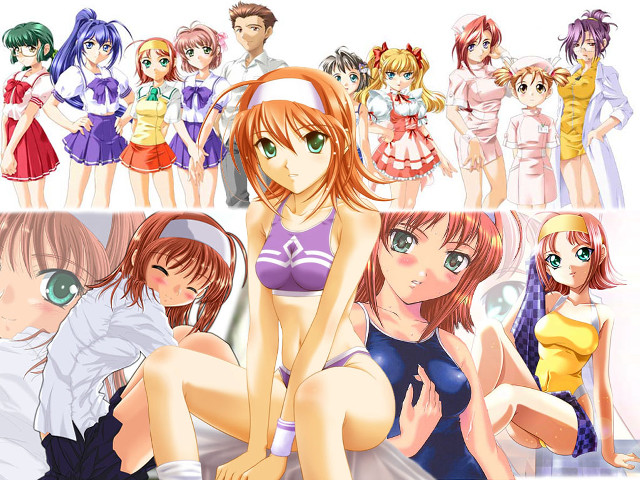 Anime girls group posing blush free wallpaper for desktop - medium preview image