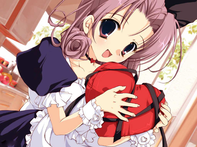 Woman holding heart pillow anime free wallpaper for desktop - medium preview image