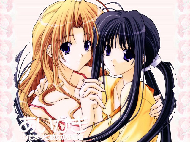 Anime girls hugging yellow kimonos free wallpaper for desktop - medium preview image