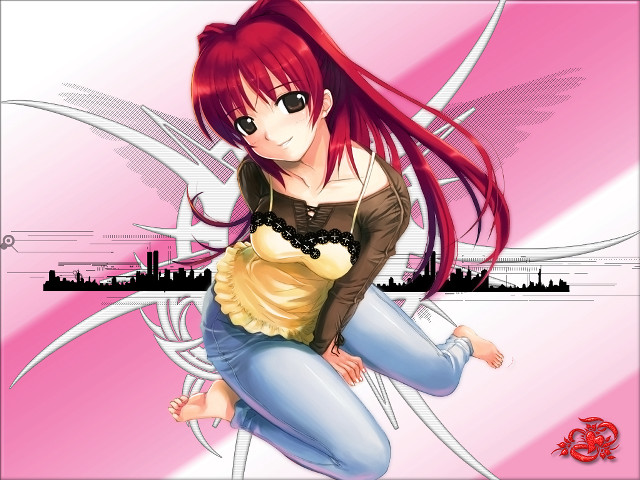 Red hair girl sitting cityscape free wallpaper for desktop - medium preview image