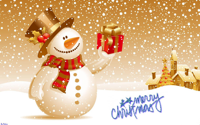Snowman holding gift snow background free wallpaper for desktop - medium preview image
