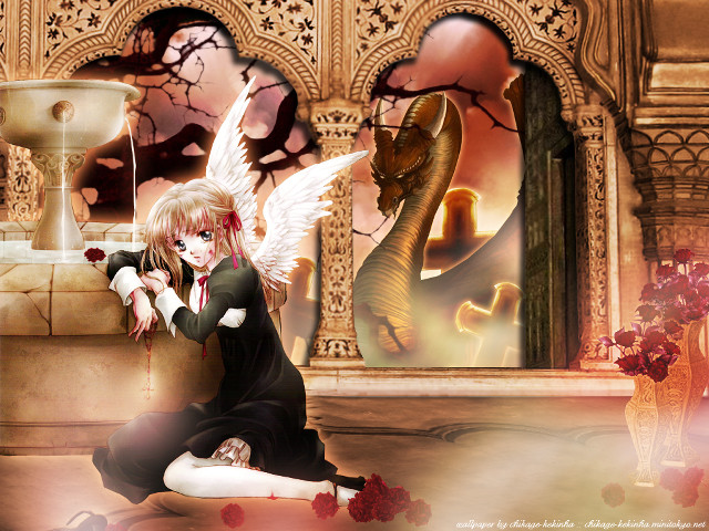 Gothic anime angel woman fountain free wallpaper for desktop - medium preview image