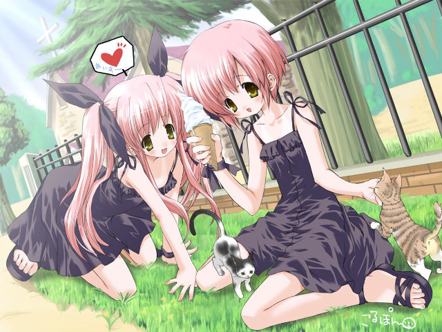 Two girls cats dresses park free wallpaper for desktop - medium preview image