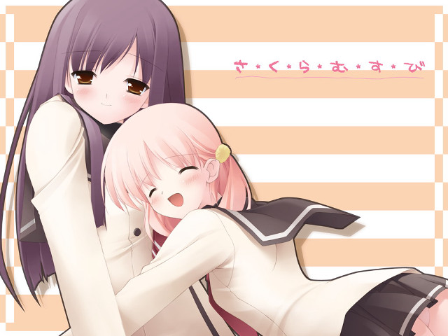 Anime girls hug striped background free wallpaper for desktop - medium preview image