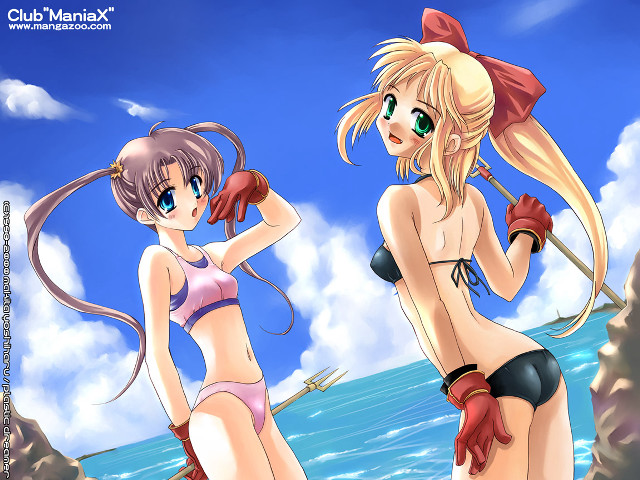 Anime girls beach bikini boat free wallpaper for desktop - medium preview image
