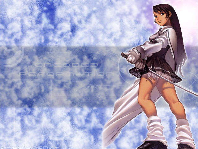 Woman sword skirt clouds portrait free wallpaper for desktop - medium preview image