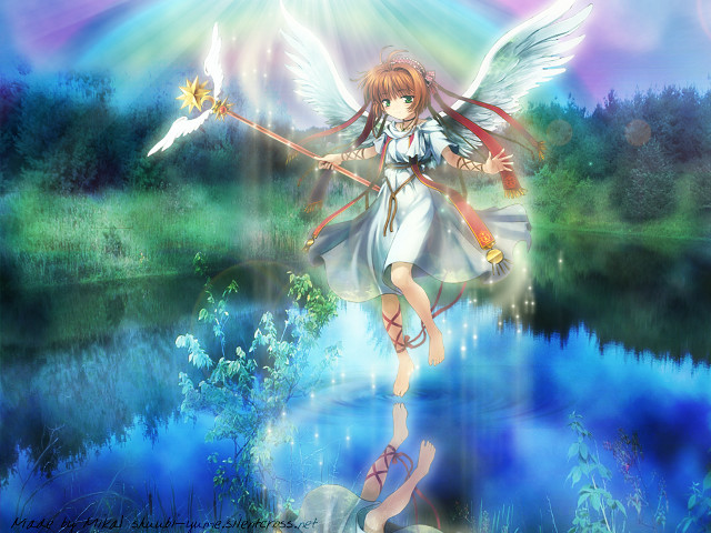 Girl sword wings river rainbow free wallpaper for desktop - medium preview image
