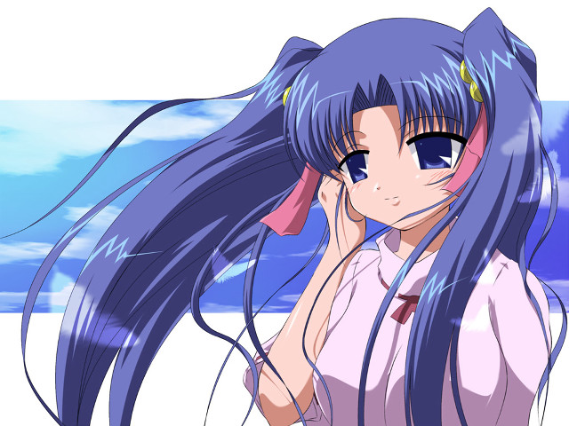 Girl longhair pinkshirt blueSky portrait free wallpaper for desktop - medium preview image