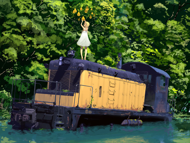 Woman train water forest pleinair free wallpaper for desktop - medium preview image