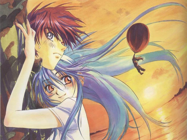Sunset anime couple watercolor hug free wallpaper for desktop - medium preview image