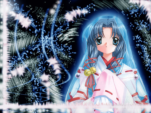 Blue hair miko snowfireworks kimono free wallpaper for desktop - medium preview image