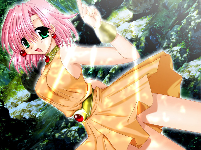 Pinkhair greeneyes yellowdress forest lensflare free wallpaper for desktop - medium preview image