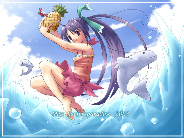 Girl bikini pineapple dolphin wave free wallpaper for desktop - medium preview image