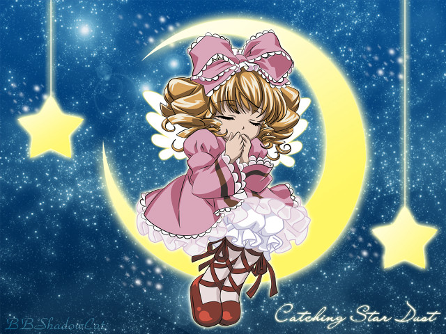 Cartoon girl pink dress crescent free wallpaper for desktop - medium preview image