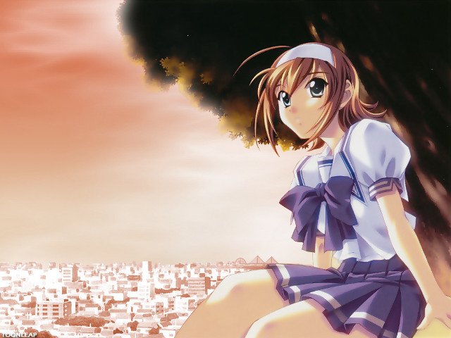 Girl tree branch cityscape pink free wallpaper for desktop - medium preview image