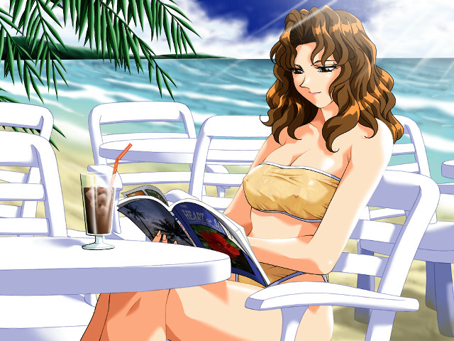 Woman beach bikini lounge table free wallpaper for desktop - medium preview image
