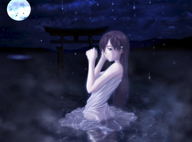 Moonlit gothic anime woman water free wallpaper for desktop - medium preview image