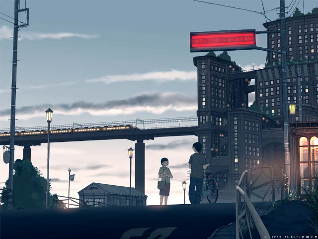 Bridge scene man woman bicycle free wallpaper for desktop - medium preview image