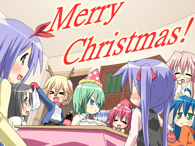 Anime girls christmas party happy free wallpaper for desktop - medium preview image