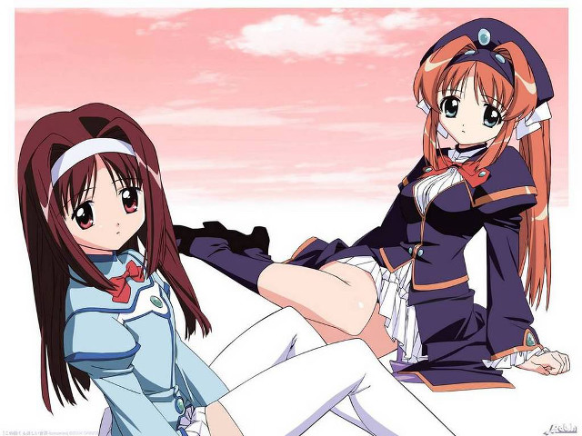 Anime girls sitting bowtie schooluniform free wallpaper for desktop - medium preview image