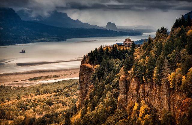 Castle cliff lake mountains cloudy free wallpaper for desktop - medium preview image