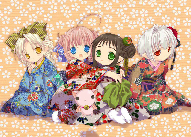 Anime girls kimono cat pink free wallpaper for desktop - medium preview image