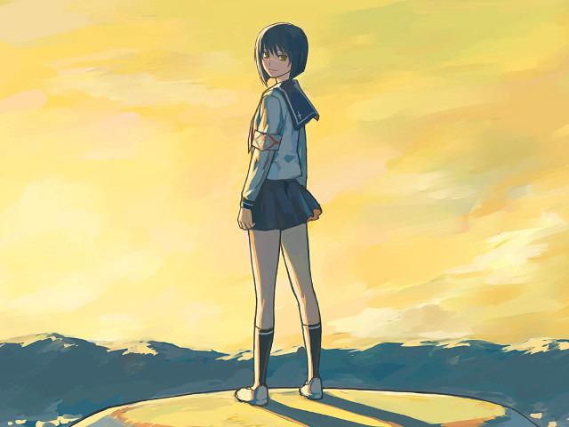 Girl surfboard ocean yellow sky free wallpaper for desktop - medium preview image