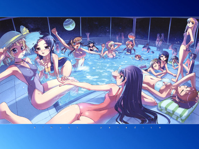 Pool girls beachball bikinis starry free wallpaper for desktop - medium preview image