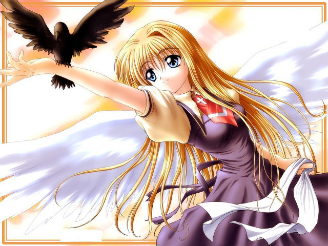 Blonde woman bird wings purple free wallpaper for desktop - medium preview image