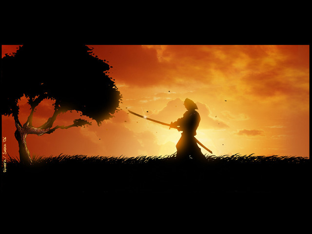 Sword person field sunset tree free wallpaper for desktop - medium preview image