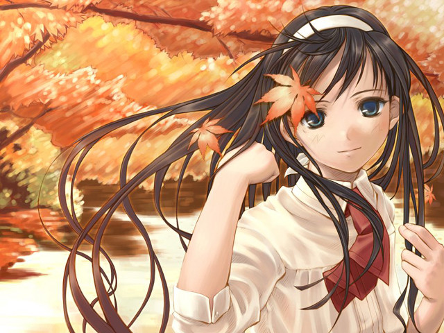 Girl autumn leaves river impressionism free wallpaper for desktop - medium preview image