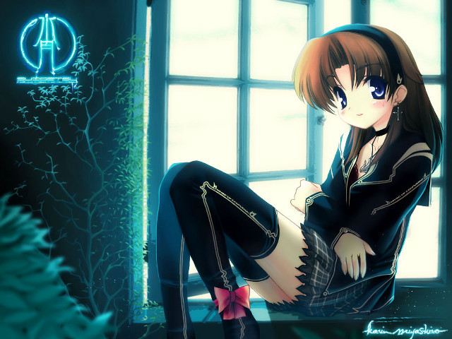 Gothic anime portrait windowsill brownhair free wallpaper for desktop - medium preview image