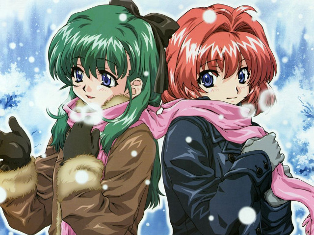 Green red hair girls winter free wallpaper for desktop - medium preview image