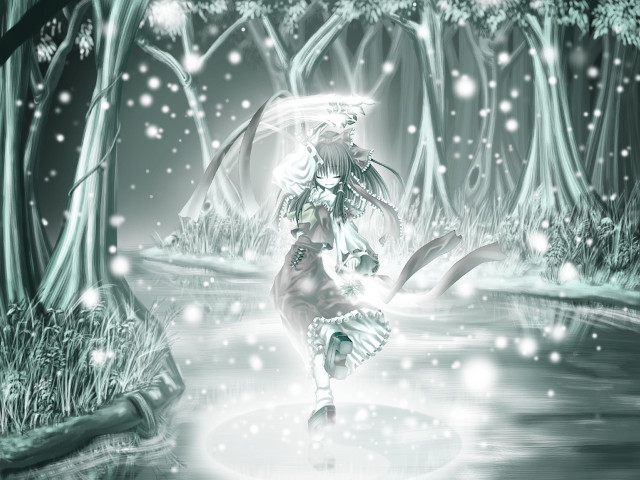 Snowy forest woman bird anime free wallpaper for desktop - medium preview image
