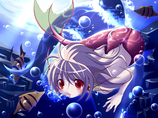 Girl blue dress floating fish free wallpaper for desktop - medium preview image