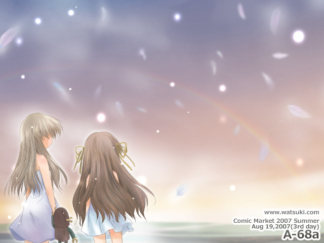 Beach rainbow two girls impressionism free wallpaper for desktop - medium preview image